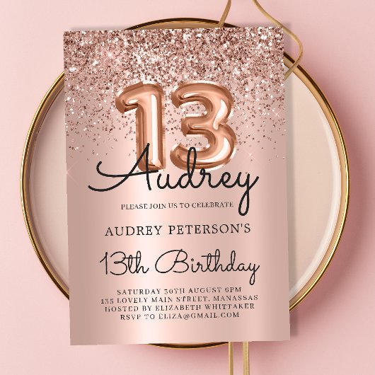 Sparkle Glitter Roos Gouden Ballon 13e Verjaardag Kaart