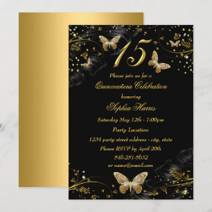 Sparkle Gold Black Butterfly Quinceanera Invite Kaart