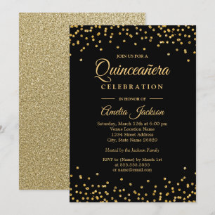 Sparkle Gold Black Confetti Quinceanera Invitation Kaart