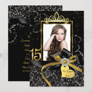 Sparkle Gold Black Lace & Bow Photo Quinceanera Kaart