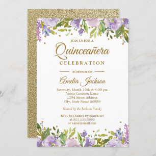Sparkle Gold Floral Paarse Quinceanera Invite Kaart