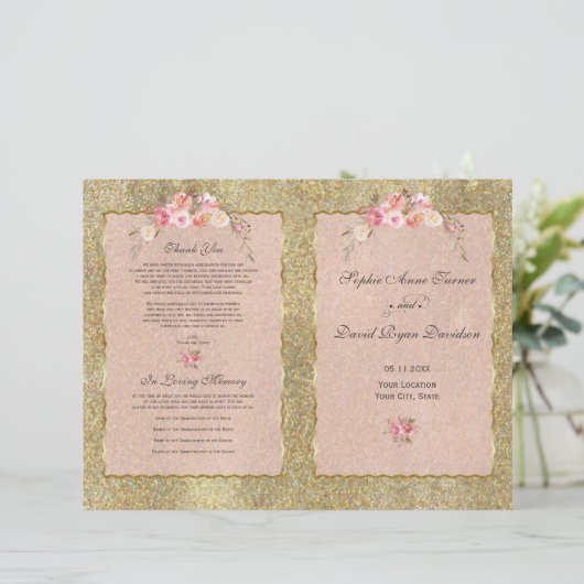 Sparkle Gold Glitter Blush Bloemen Trouwprogramma (Staand voorkant)