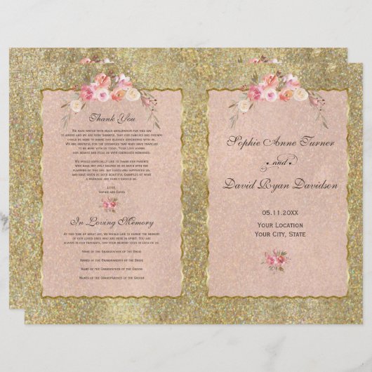 Sparkle Gold Glitter Blush Bloemen Trouwprogramma (Voorkant / Achterkant)