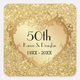 Sparkle Gold Heart 50th Wedding Jubileum Vierkante Sticker