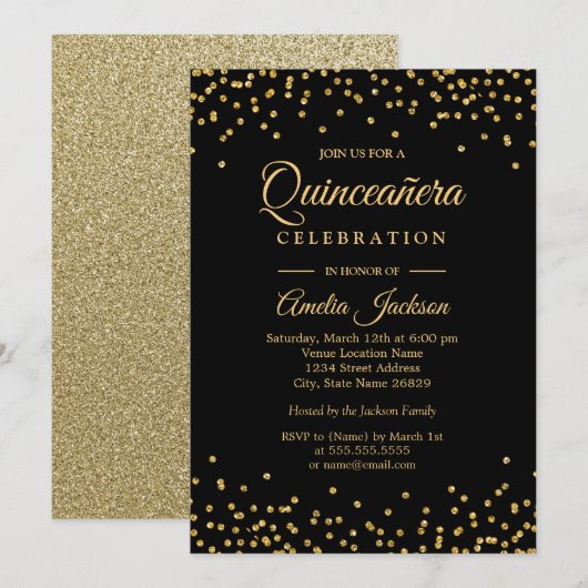 Sparkle Gold Noir Confetti Quinceanera Invitation (Devant / Derrière)