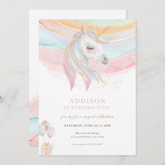 Sparkle Gold & Pastel Unicorn Invitation Anniversa (Devant / Derrière)