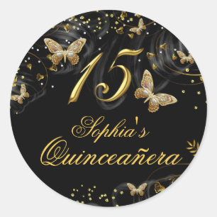 Sparkle Goud & Zwarte Vlinder Quinceanera Sticker