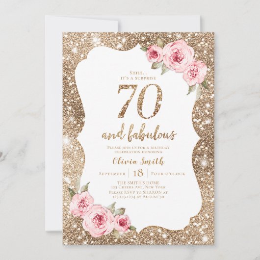 Sparkle gouden glitter en roze bloemen 70e verjaar kaart (Voorkant)