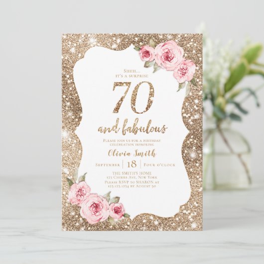 Sparkle gouden glitter en roze bloemen 70e verjaar kaart (Staand voorkant)