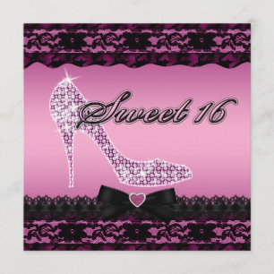 Sparkle Heels en Black Lace Pink Sweet 16 Kaart