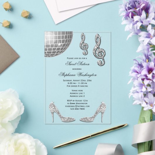 Sparkle Heels en Silver Disco Ball Sweet 16 Acryl Uitnodigingen (Insitu (Huwelijk))