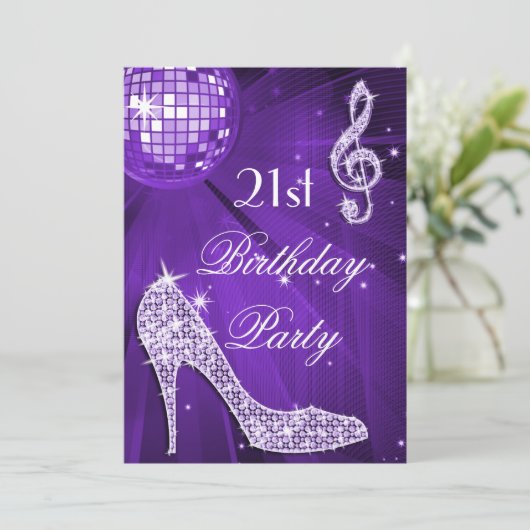 Sparkle Heels Paarse Disco Ball 21e Verjaardag Kaart (Staand voorkant)