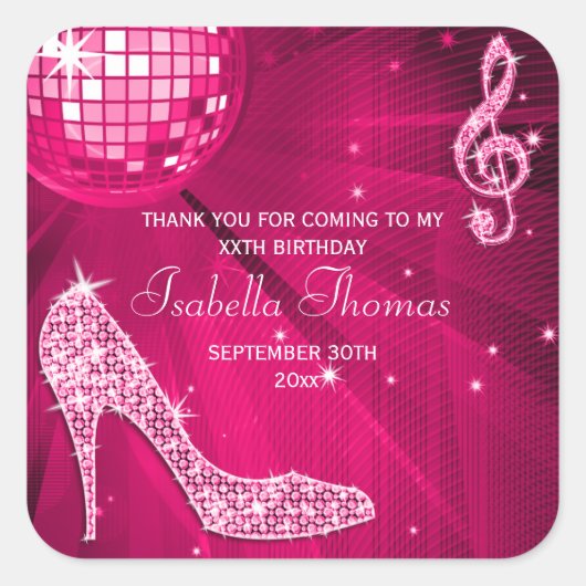 Sparkle Heels Pink Disco Ball Verjaardag Dank u Vierkante Sticker (Voorkant)