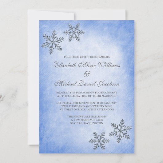 Sparkle hiver Snowflakes Blue Wedding Invitations (Devant)