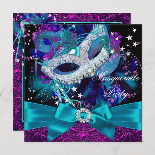 Sparkle Mask & Bow Masquerade Party Invitation Kaart (Voorkant / Achterkant)