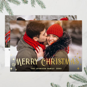 Sparkle Merry Kerstmis 3 PHOTO Greeting Gold Folie Feestdagenkaart
