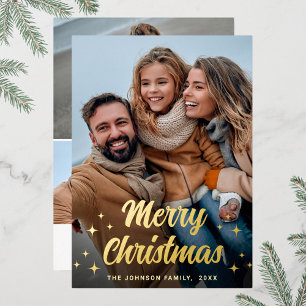 Sparkle Merry Kerstmis 4 PHOTO Greeting Gold Folie Feestdagenkaart