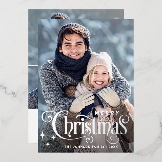 Sparkle Merry Kerstmis 4 PHOTO Greeting Silver Folie Feestdagenkaart (Voorkant / Achterkant)