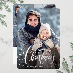 Sparkle Merry Kerstmis 5 PHOTO Greeting Silver Folie Feestdagenkaart