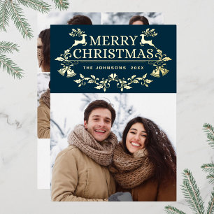 Sparkle Moderne Kerstmis 5 FOTO Greeting Gold Folie Feestdagenkaart