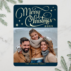 Sparkle Moderne Kerstmis PHOTO Greeting Gold Folie Feestdagenkaart