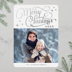 Sparkle Moderne Kerstmis PHOTO Greeting Silver Folie Feestdagenkaart