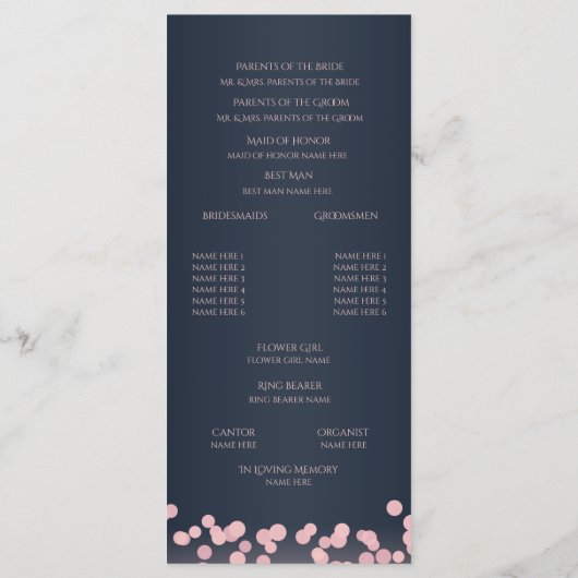 Sparkle Navy Blue en Pink Bokeh bruiloft programma (Achterkant)