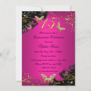 Sparkle Pink & Gold Butterfly Quinceanera Invite Kaart