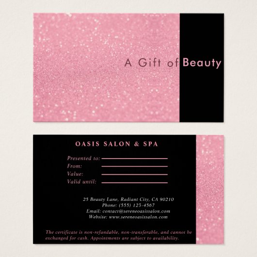 Sparkle Pink Salon & Certificat Cadeau Spa (Devant & derrière)