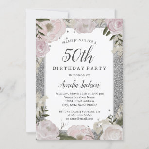 Sparkle Pink Silver Floral 50th Birthday Kaart
