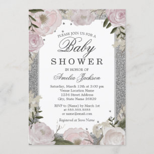 Sparkle Pink Silver Floral Baby shower Kaart