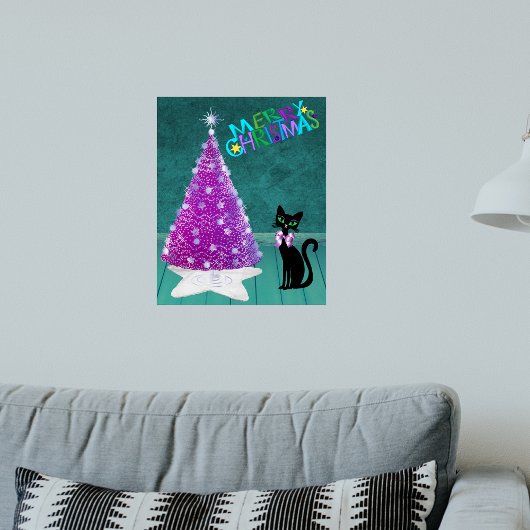 Sparkle Pink Silver Tree Merry Christmas Black Cat Poster