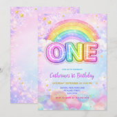 Sparkle Rainbow 1st Birthday Party Kaart (Voorkant / Achterkant)