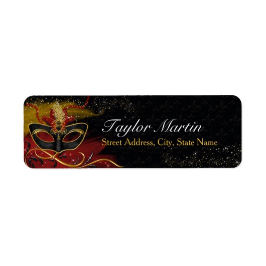 Sparkle Red & Gold Feather Mask Adresetiketten Etiket (Voorkant)