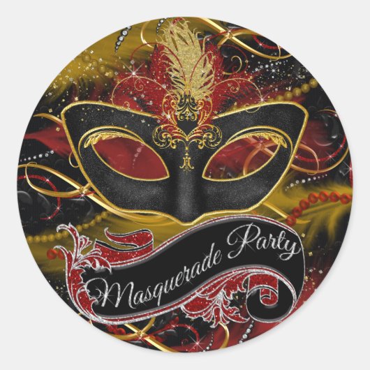 Sparkle Red & Gold Feather Mask Masquerade Sticker (Voorkant)