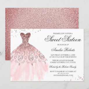 Sparkle Roos Gold Dress Sweet Sixteen Invitation Kaart