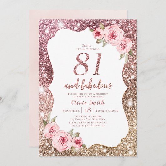 Sparkle roos gouden glitter en bloemrijke 81e verj kaart (Voorkant / Achterkant)