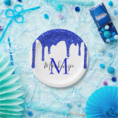 Sparkle Royal Blue Glitter Driemonogram Papieren Bordje (Feest)