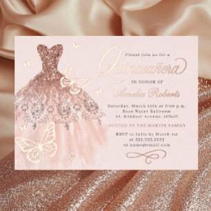 Sparkle Roze Gouden Vlinder Jurk Quinceanera Folie Uitnodiging