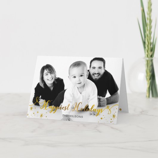 Sparkle Script Gelukkig Holiday Gold Foto Feestdagen Kaart (Voorkant)