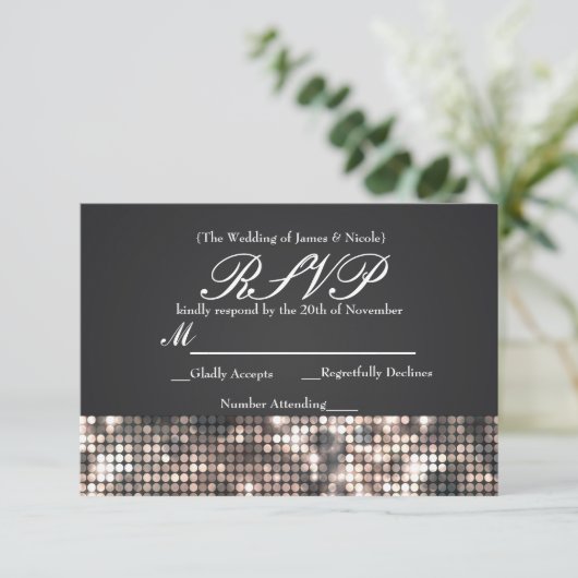 Sparkle Sequins Glamour Zwart Bruiloft RSVP Kaart (Staand voorkant)