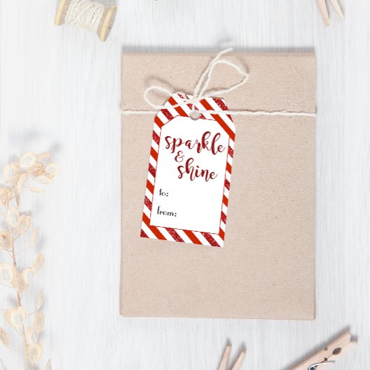 Sparkle & Shine Red Glitter Stripes Kerstmis Cadeaulabel