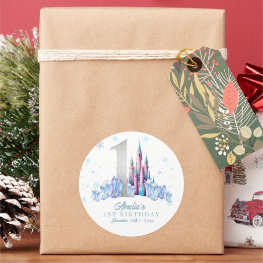 Sparkle Silver Frozen Kingdom Castle 1e verjaardag Ronde Sticker (Feestdagen)