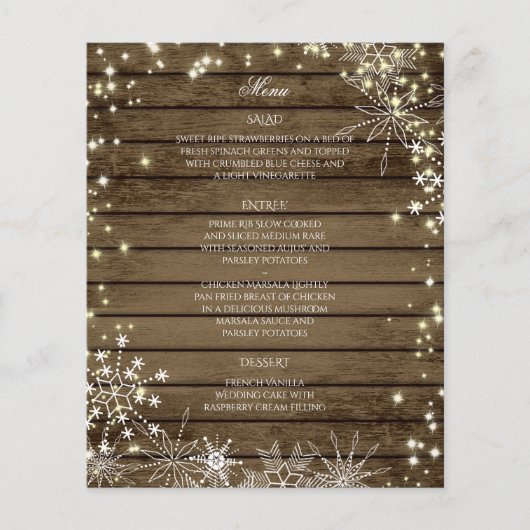 Sparkle Snowflakes et Barn Wood Menu Mariage (Devant)