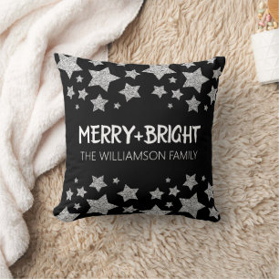 Sparkle Star Vrolijk helder Kerstmis zilver zwart Kussen