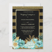 Sparkle Stripe Gold Mint Floral Wedding Invitation Kaart (Voorkant)
