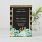 Sparkle Stripe Gold Mint Floral Wedding Invitation Kaart (Staand voorkant)