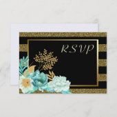Sparkle Stripe Gold Mint Floral Wedding RSVP (Devant / Derrière)