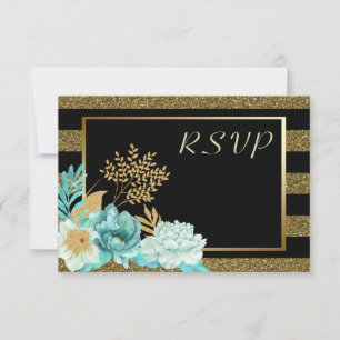 Sparkle Stripe Gold Mint Floral Wedding RSVP
