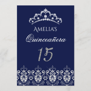Sparkle Tiara Zilver Navy Quinceanera Uitnodiging